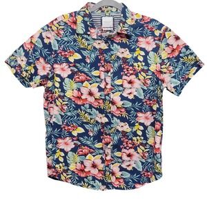 Cactus Man Button Up Shirt Mens Large Blue Floral Tropical Beach Island Cruise